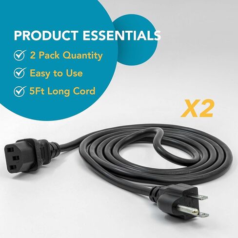 3ft (1m) - 2 Pack, Hot Instant Pot Power Cord, Soy Milk Maker, Printer Power Cord, PC Power Supply Cable, Monitor Power Cable, TV Cord - UL Listed NEMA 5-15P to C13, 10A 125V, 18AWG in Kuwait