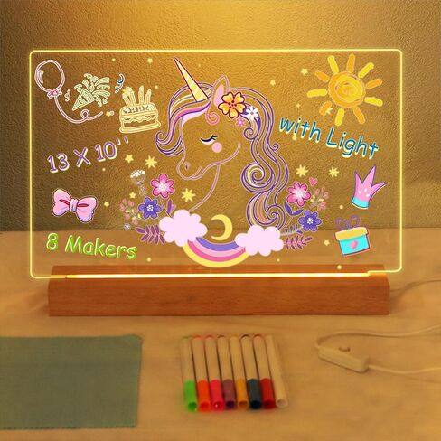 لوح أكريليك للتخرج مع ضوء - لوحات سطح مكتب LED مقاس 13 بوصة مع حامل خشبي 8 علامات متوهجة باللون الأبيض الدافئ وكتابة رسالة مذكرة متوهجة واضحة لمكتب المنزل والمدرسة وبار in Kuwait