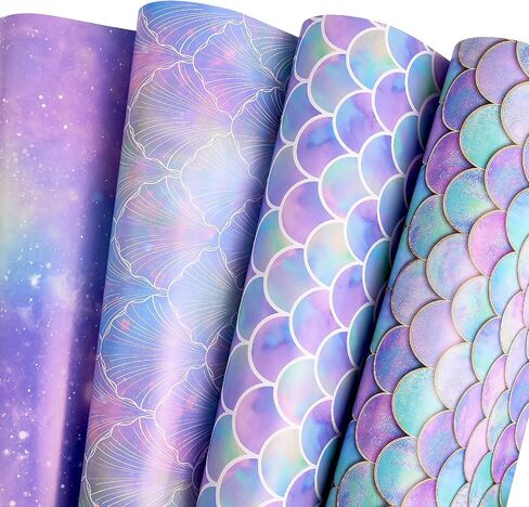 PlandRichW Birthday Wrapping Paper Folded for Girls Kids Baby Women Mermaid Scale Scallop Galaxy 4 Styles of Gift Wrapping Paper for Weddings Graduation Anniversaries 12 Sheets 20 X 29 Inch in Kuwait