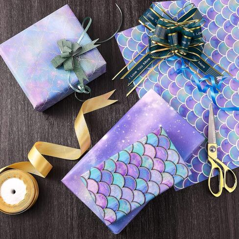 PlandRichW Birthday Wrapping Paper Folded for Girls Kids Baby Women Mermaid Scale Scallop Galaxy 4 Styles of Gift Wrapping Paper for Weddings Graduation Anniversaries 12 Sheets 20 X 29 Inch in Kuwait