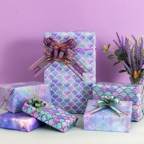 PlandRichW Birthday Wrapping Paper Folded for Girls Kids Baby Women Mermaid Scale Scallop Galaxy 4 Styles of Gift Wrapping Paper for Weddings Graduation Anniversaries 12 Sheets 20 X 29 Inch in Kuwait