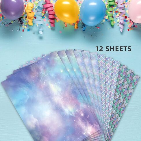 PlandRichW Birthday Wrapping Paper Folded for Girls Kids Baby Women Mermaid Scale Scallop Galaxy 4 Styles of Gift Wrapping Paper for Weddings Graduation Anniversaries 12 Sheets 20 X 29 Inch in Kuwait
