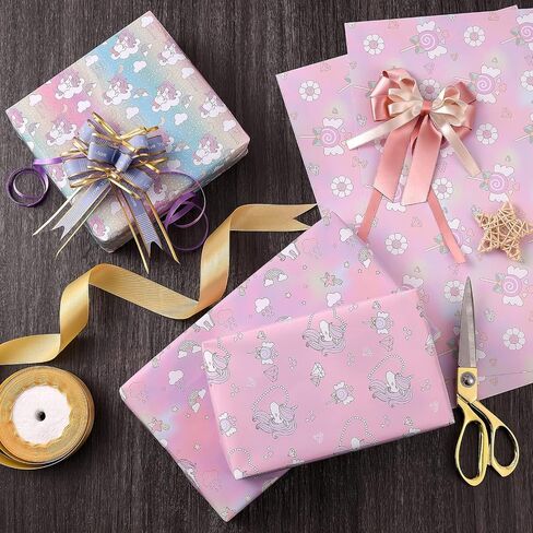 PlandRichW Birthday Wrapping Paper Folded for Girls Kids Baby Women Mermaid Scale Scallop Galaxy 4 Styles of Gift Wrapping Paper for Weddings Graduation Anniversaries 12 Sheets 20 X 29 Inch in Kuwait