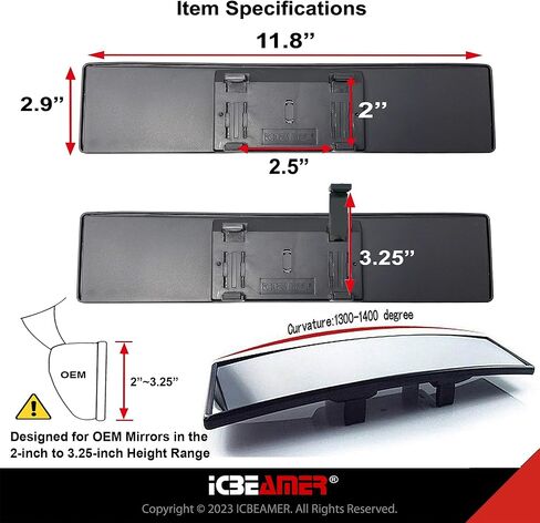 مرآة الرؤية الخلفية للسيارة مقاس 11.8 بوصة من ICBEAMER، زاوية واسعة بانورامية، زجاج ملون شفاف عالي الدقة، مشبك داخلي على مرآة السيارة المحدبة، مضادة للوهج، ملحقات السيارات، عالمية للشاحنة، السيارة، سيارات الدفع الرباعي، حزمة من 1 in Kuwait