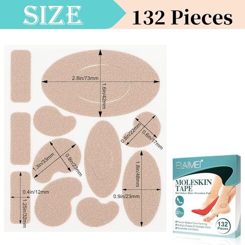 Moleskin for Blisters Feet, 132PCS Adhesive Moleskin Pads for Shoes, Toes, Heel | Blister Prevention and Reduce Friction - 12 Sheets in Kuwait