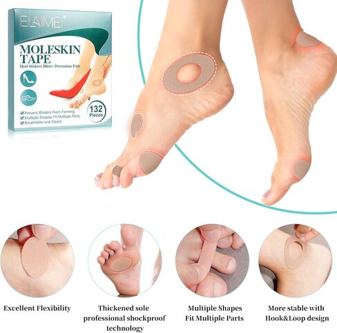 Moleskin for Blisters Feet, 132PCS Adhesive Moleskin Pads for Shoes, Toes, Heel | Blister Prevention and Reduce Friction - 12 Sheets in Kuwait