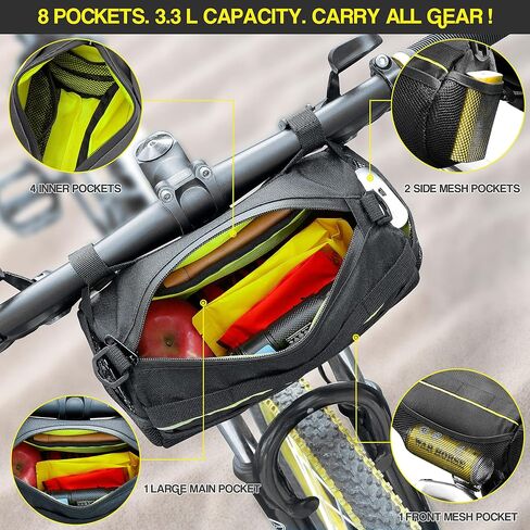 Bike Handlebar Bag 3.3L 8-Pocket Waterproof Handlebar Bags for Bicycles with Rain Cover, Shoulder Strap, Bicycle Handlebar Bag Pouch for Road, Mountain Bikes, MTB Storage, Tools in Saudi Arabia