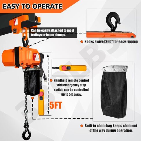660LBS Electric Chain Hoist, 120V Winch with 5ft Wired Remote Control, Single Phase Overhead Crane Garage Ceiling Pulley Winch Hook Mount, 9.8ft Lift Height, w/Emergency Stop Switch in Kuwait
