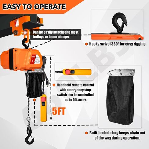 660LBS Electric Chain Hoist, 120V Winch with 5ft Wired Remote Control, Single Phase Overhead Crane Garage Ceiling Pulley Winch Hook Mount, 9.8ft Lift Height, w/Emergency Stop Switch in Kuwait