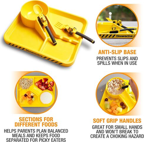 Dinneractive Dining Set for Kids - 3 Piece Construction Themed Toddler Utensils & Toddler Plates - Toddler Forks and Spoons - Kid Plate set in Kuwait