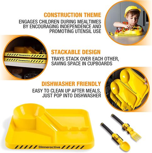 Dinneractive Dining Set for Kids - 3 Piece Construction Themed Toddler Utensils & Toddler Plates - Toddler Forks and Spoons - Kid Plate set in Kuwait
