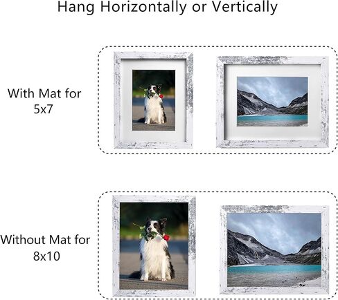PEALSN 8x10 Picture Frame Set of 2, Made of High Definition Real Glass, Display 5x7 with Mat or 8x10 Without Mat, Photo Frames for Wall Mounting or Table Top Display, Distressed White in Kuwait