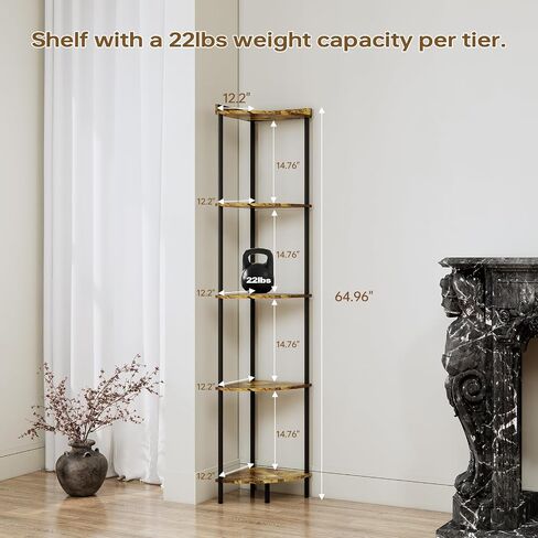 5 Tier Corner Shelf Stand, Industrial 65" Corner Shelves Display Shelf, Wood Tall Shelf Plant Stand, Storage Shelf for for Bathroom, Living Room, Kitchen, Office in Saudi Arabia