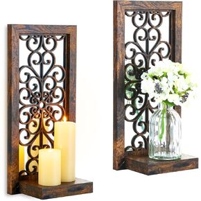 Walasis Rustic Candle Sconces Mirror Wall Decor Black Mirrored Wall Sconce Decorative Set of Two Wood Vintage Small Hanging Shelves for Farmhouse Living Room Kitchen Bedroom in Kuwait