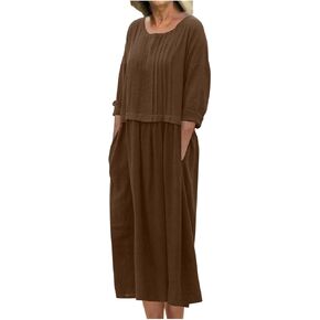 Women's Cotton Linen Long Sleeve Midi Dress Loose Fit Casual Plain Pleated Round Neck Flowy Dresses with Pockets in Saudi Arabia