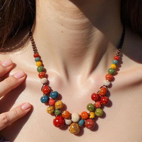 قلادة ملونة بالخرز للنساء ، قلادات كبيرة من الخرز السيراميك للنساء البوهيميات العصرية ، بيهو أنيقة مجوهرات أكريليك غير منتظمة قلادة طويلة لأسلوب الشاطئ الصيفي in Kuwait