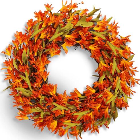 Artificial Fall Wreath 22 Inch Autumn Wreaths for Front Door Orange Forsythia Wreath with Berries Fall Foliage for indoor Outdoor Thanksgiving Day Harvest Festival Home Party Holiday in Saudi Arabia