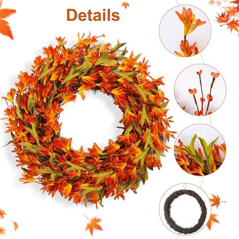 Artificial Fall Wreath 22 Inch Autumn Wreaths for Front Door Orange Forsythia Wreath with Berries Fall Foliage for indoor Outdoor Thanksgiving Day Harvest Festival Home Party Holiday in Saudi Arabia