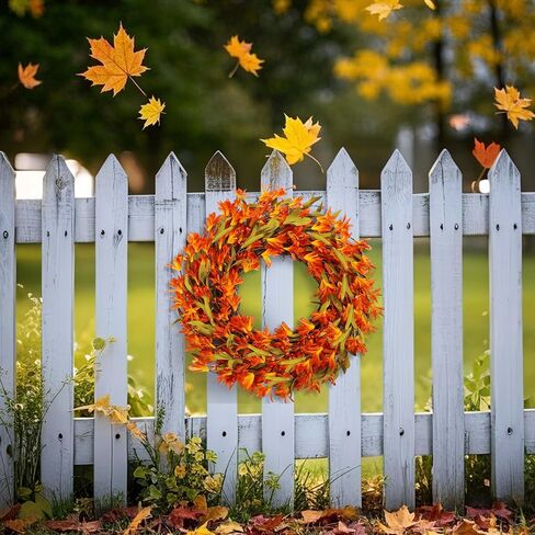 Artificial Fall Wreath 22 Inch Autumn Wreaths for Front Door Orange Forsythia Wreath with Berries Fall Foliage for indoor Outdoor Thanksgiving Day Harvest Festival Home Party Holiday in Saudi Arabia