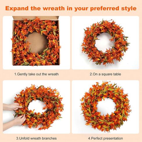 Artificial Fall Wreath 22 Inch Autumn Wreaths for Front Door Orange Forsythia Wreath with Berries Fall Foliage for indoor Outdoor Thanksgiving Day Harvest Festival Home Party Holiday in Saudi Arabia