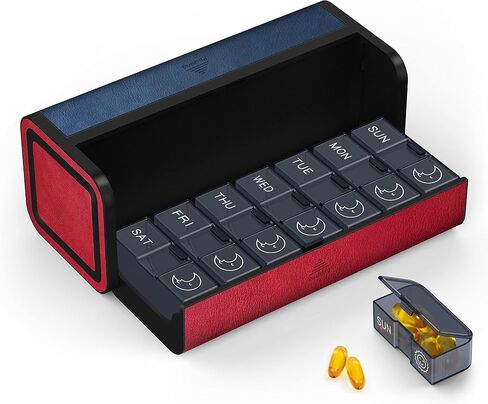 Medicine Pill Organizer, 7 Day AM PM Pill Box 2 Times a Day, Travel Leather Pill Case, Pressing The Double Opening, Holds Medication Vitamins Fish Oil and Supplements (Red and Blue) in Saudi Arabia