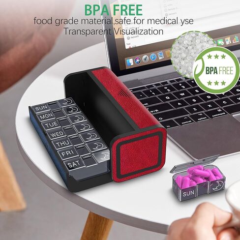 Medicine Pill Organizer, 7 Day AM PM Pill Box 2 Times a Day, Travel Leather Pill Case, Pressing The Double Opening, Holds Medication Vitamins Fish Oil and Supplements (Red and Blue) in Saudi Arabia