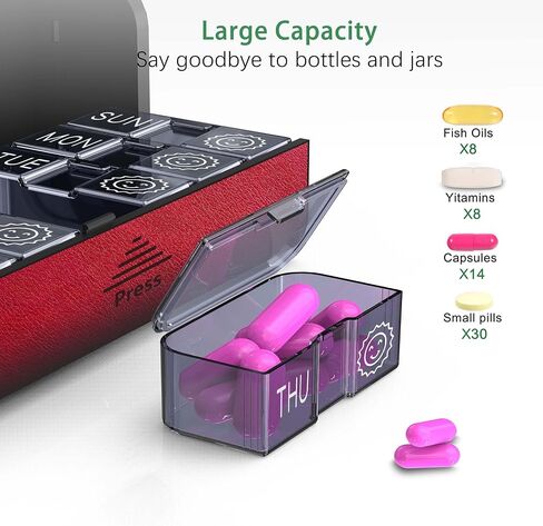 Medicine Pill Organizer, 7 Day AM PM Pill Box 2 Times a Day, Travel Leather Pill Case, Pressing The Double Opening, Holds Medication Vitamins Fish Oil and Supplements (Red and Blue) in Saudi Arabia