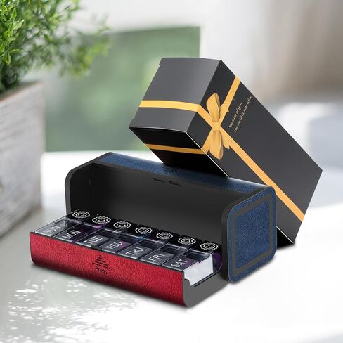 Medicine Pill Organizer, 7 Day AM PM Pill Box 2 Times a Day, Travel Leather Pill Case, Pressing The Double Opening, Holds Medication Vitamins Fish Oil and Supplements (Red and Blue) in Saudi Arabia