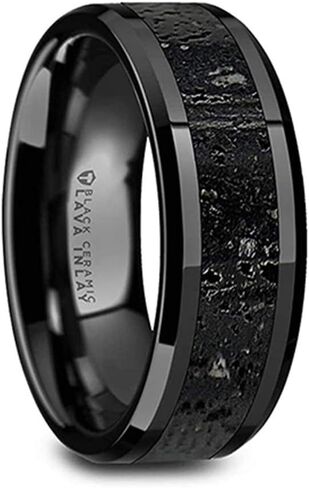 VESUVIUS Polished Black Ceramic Wedding Band with Black & Gray Lava Rock Stone Inlay Polished Beveled Edges - 8mm in Saudi Arabia