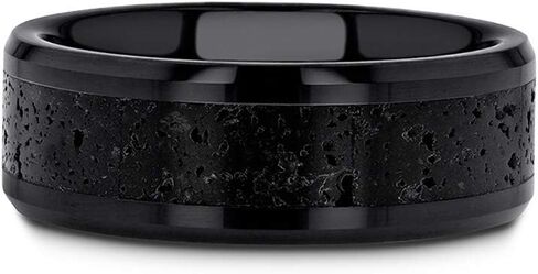 VESUVIUS Polished Black Ceramic Wedding Band with Black & Gray Lava Rock Stone Inlay Polished Beveled Edges - 8mm in Saudi Arabia