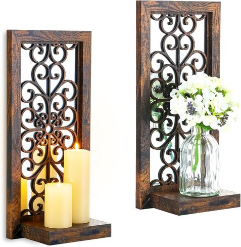 Walasis Rustic Candle Sconces Mirror Wall Decor Black Mirrored Wall Sconce Decorative Set of Two Wood Vintage Small Hanging Shelves for Farmhouse Living Room Kitchen Bedroom in Kuwait
