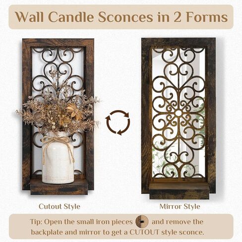 Walasis Rustic Candle Sconces Mirror Wall Decor Black Mirrored Wall Sconce Decorative Set of Two Wood Vintage Small Hanging Shelves for Farmhouse Living Room Kitchen Bedroom in Kuwait