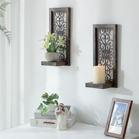 Walasis Rustic Candle Sconces Mirror Wall Decor Black Mirrored Wall Sconce Decorative Set of Two Wood Vintage Small Hanging Shelves for Farmhouse Living Room Kitchen Bedroom in Kuwait