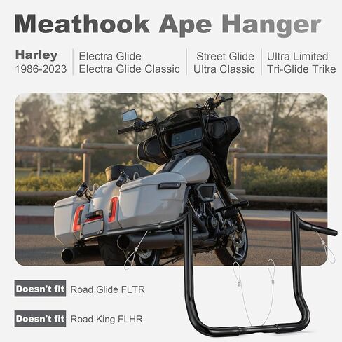 MoKitDora Street Electra Glide Ape Hanger 10 بوصة ارتفاع 1-1/4 بوصة دهون 1 بوصة مشبك قرد باجر ميثوك بار لـ 1996-2023 Harley FLHT & FLHX Ultra Limited Tri-Glide، أسود in Saudi Arabia