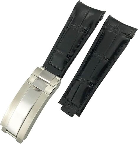 Curved End Genuine Leather 20mm Slide Lock Buckle Watchband for Rolex GMT Submariner Hulk Oyster Watch Strap (Color : Black, Size : 20mm RLX) in Saudi Arabia
