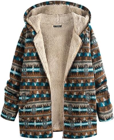 ZAFUL Women's Long Sleeve Zip Up Coat Faux Fur Ethnic Aztec Print Fall Jacket with Pocket Teddy Cropped Oversized Outwear in Saudi Arabia