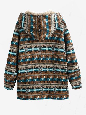 ZAFUL Women's Long Sleeve Zip Up Coat Faux Fur Ethnic Aztec Print Fall Jacket with Pocket Teddy Cropped Oversized Outwear in Saudi Arabia