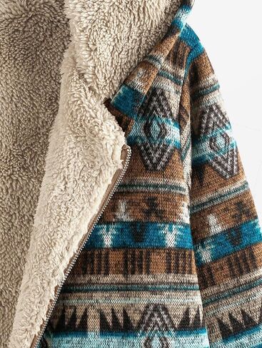 ZAFUL Women's Long Sleeve Zip Up Coat Faux Fur Ethnic Aztec Print Fall Jacket with Pocket Teddy Cropped Oversized Outwear in Saudi Arabia