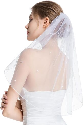 Short White Pearl Wedding Veil‌, Bride to Be Veil for Bridal Shower, Bridal Bachelorette Party Accessories for Women in Kuwait