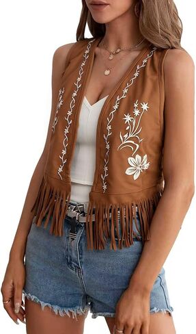 Women's Fringe Vest Open Front Western 70s Outfits Floral Faux Suede Tassel Cardigan in Saudi Arabia