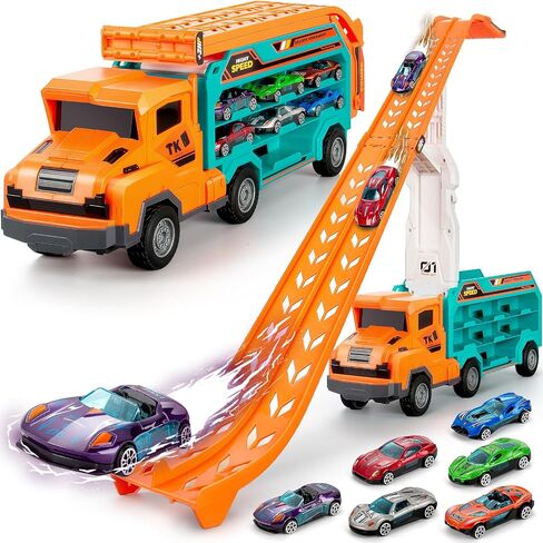 BainGesk Carrier Truck Toys for 2 3 4 5 6 Years Old Boys, 2.8 Ft Race Track Transport Cars Toys with 6 Die-Cast Metal Toy Cars, Birthday Gifts Kids Age 3-5, Racing Cars Toys Gifts for Toddlers in Saudi Arabia