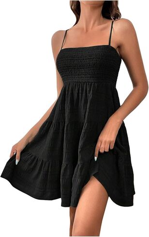 Women's Strap Ruffle Sundress Smocked Stretch Peplum Hem Pleated Dresses Casual Summer Vacation Sling Sun Dress in Saudi Arabia