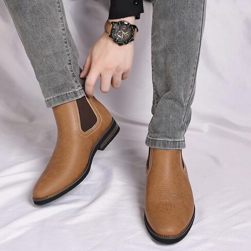 kkdom Cowboy Boots Western for Men Square Toe Mens Chelsea Boots Slip On Casual Retro Ankle Boots in Saudi Arabia