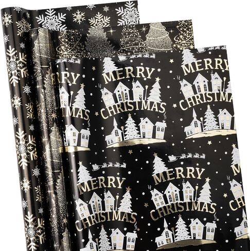 RUSPEPA Christmas Wrapping Paper Rolls - Mini Roll - 17 inches x 10 feet per Roll, Total of 3 Rolls - Black and Gold in Saudi Arabia