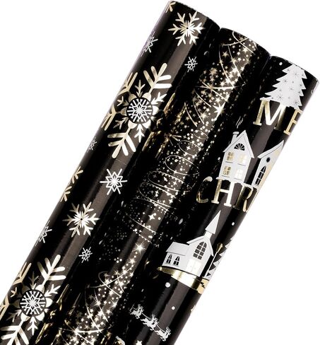 RUSPEPA Christmas Wrapping Paper Rolls - Mini Roll - 17 inches x 10 feet per Roll, Total of 3 Rolls - Black and Gold in Saudi Arabia