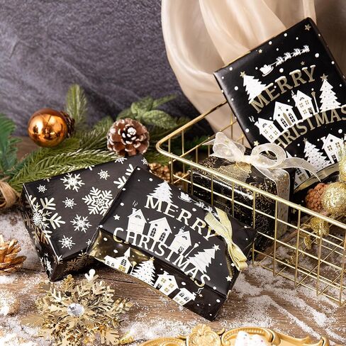 RUSPEPA Christmas Wrapping Paper Rolls - Mini Roll - 17 inches x 10 feet per Roll, Total of 3 Rolls - Black and Gold in Saudi Arabia