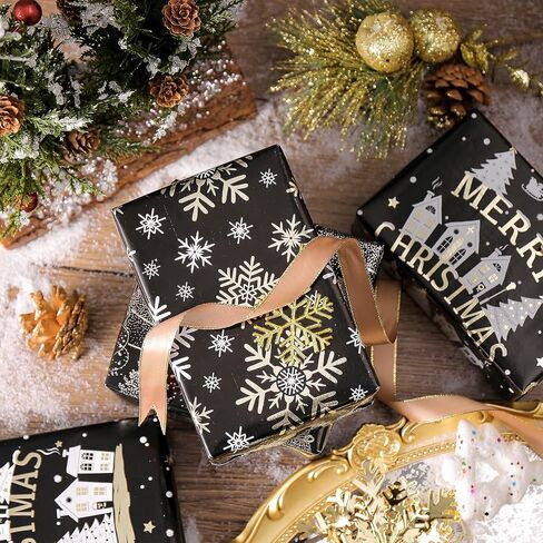 RUSPEPA Christmas Wrapping Paper Rolls - Mini Roll - 17 inches x 10 feet per Roll, Total of 3 Rolls - Black and Gold in Saudi Arabia