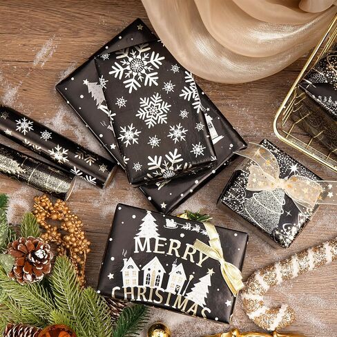 RUSPEPA Christmas Wrapping Paper Rolls - Mini Roll - 17 inches x 10 feet per Roll, Total of 3 Rolls - Black and Gold in Saudi Arabia