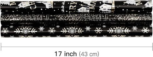 RUSPEPA Christmas Wrapping Paper Rolls - Mini Roll - 17 inches x 10 feet per Roll, Total of 3 Rolls - Black and Gold in Saudi Arabia