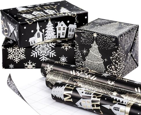 RUSPEPA Christmas Wrapping Paper Rolls - Mini Roll - 17 inches x 10 feet per Roll, Total of 3 Rolls - Black and Gold in Saudi Arabia